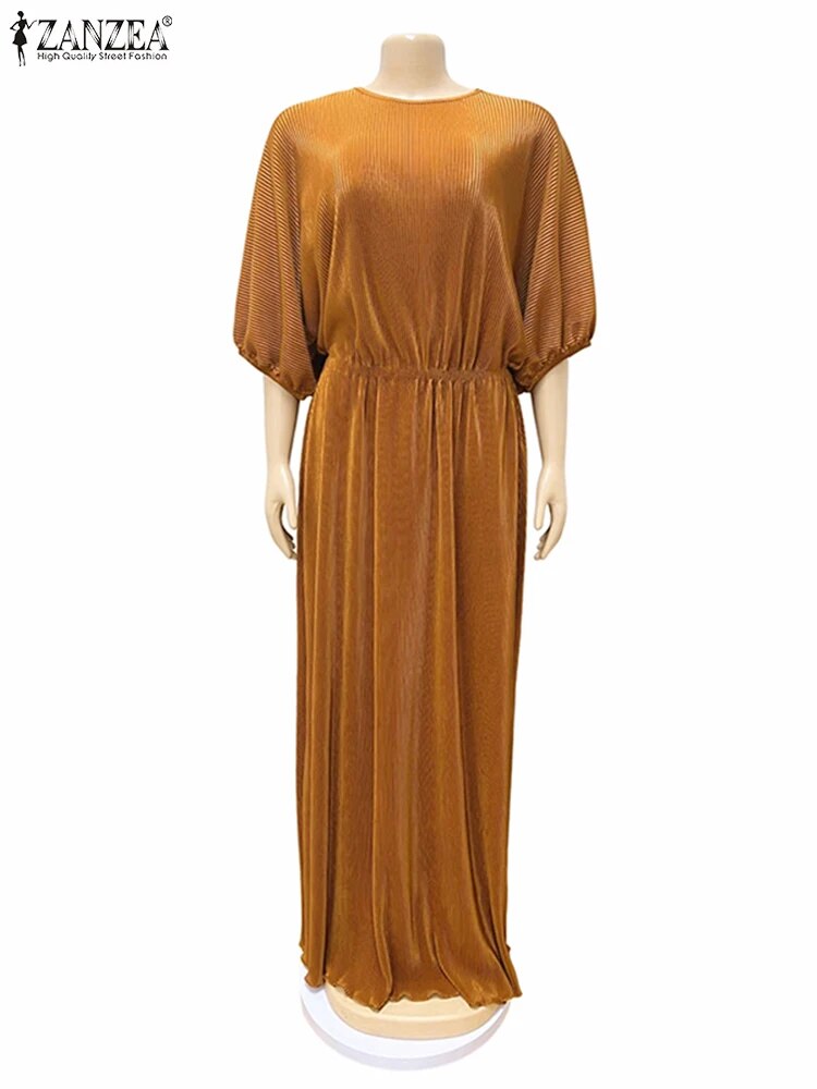 Women Elastic Waist Robe Party Elegant Solid Maxi Dress Fashion O-neck Half Bat Sleeve Pleating Dresses Oversized