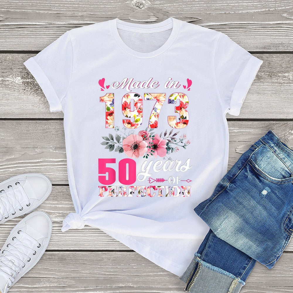 Born In 1973 Floral 50 Years Old Birthday Women T-Shirt Printed Top Unisex Casual Tee Streetwear