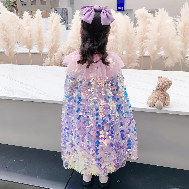 Girls Little Mermaid Cloak Children Cloak Kids Shiny Bright Party Costume Girl Dress up