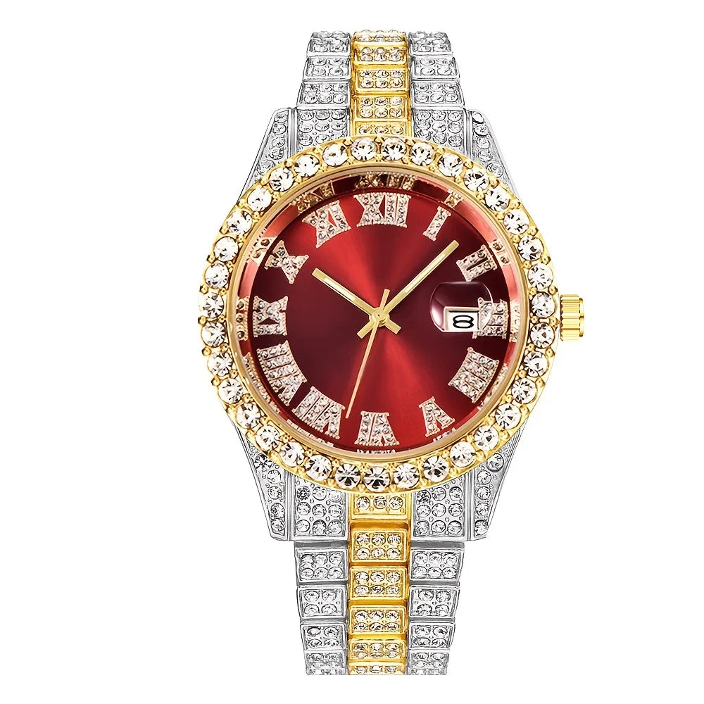 Mens Hip Hop Watch Quartz Timepiece with Oversized Rhinestone Dial and Durable Stainless Steel Band for Men
