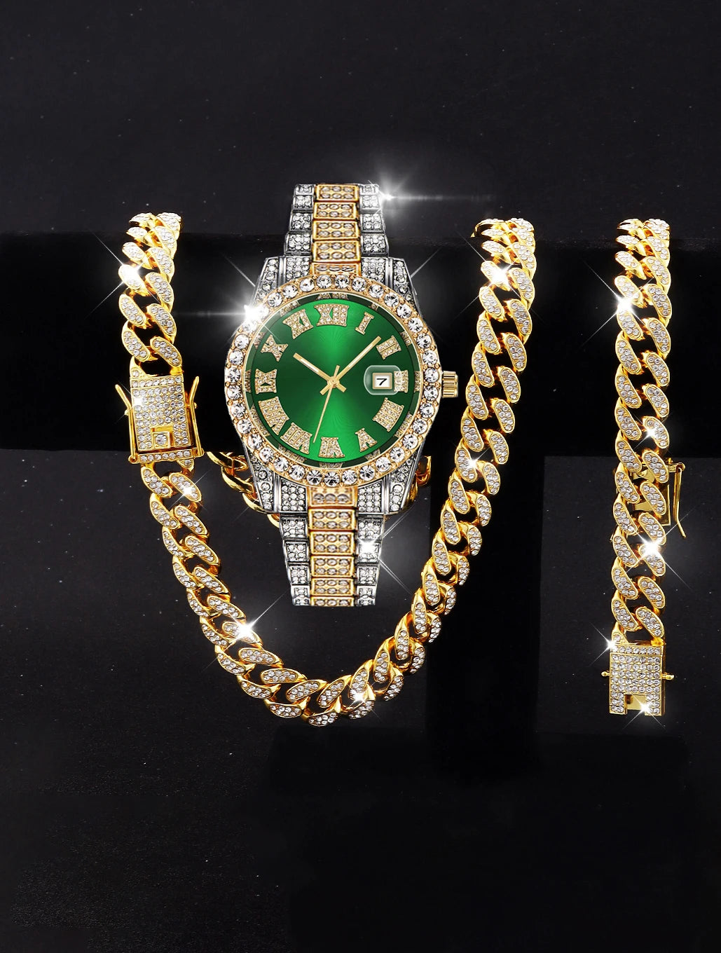 3PCS luxury alloy full diamond rhinestone mirror men's quartz watch with calendar and Hip Hop Cuban Necklace bracelet set