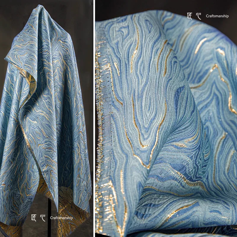 Blue Gold Twill Jacquard Fabric for Dress-fabric-Top Super Deals-Sea Blue-50x142cm-Free Item Online