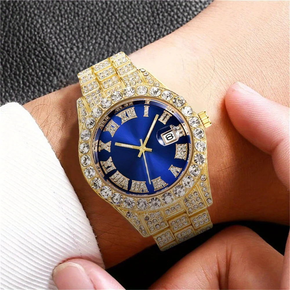 Mens Hip Hop Watch Quartz Timepiece with Oversized Rhinestone Dial and Durable Stainless Steel Band for Men