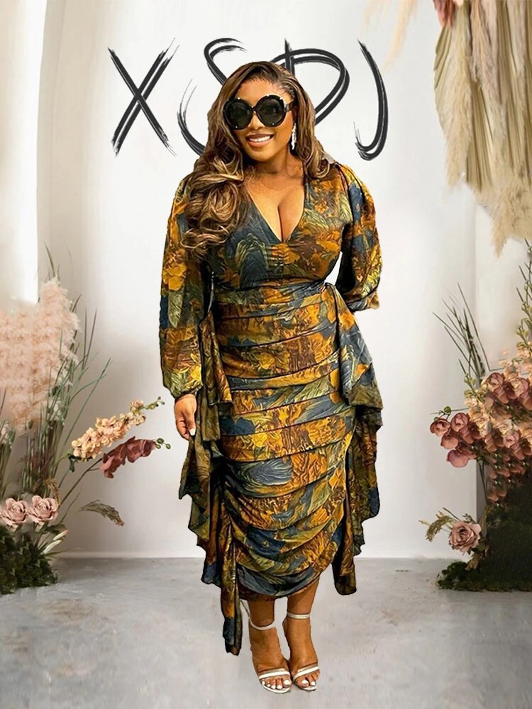 Womens Dresses Long Sleeved Ruffle Drape Dress V Neck Sexy Curvy Dresses Plus