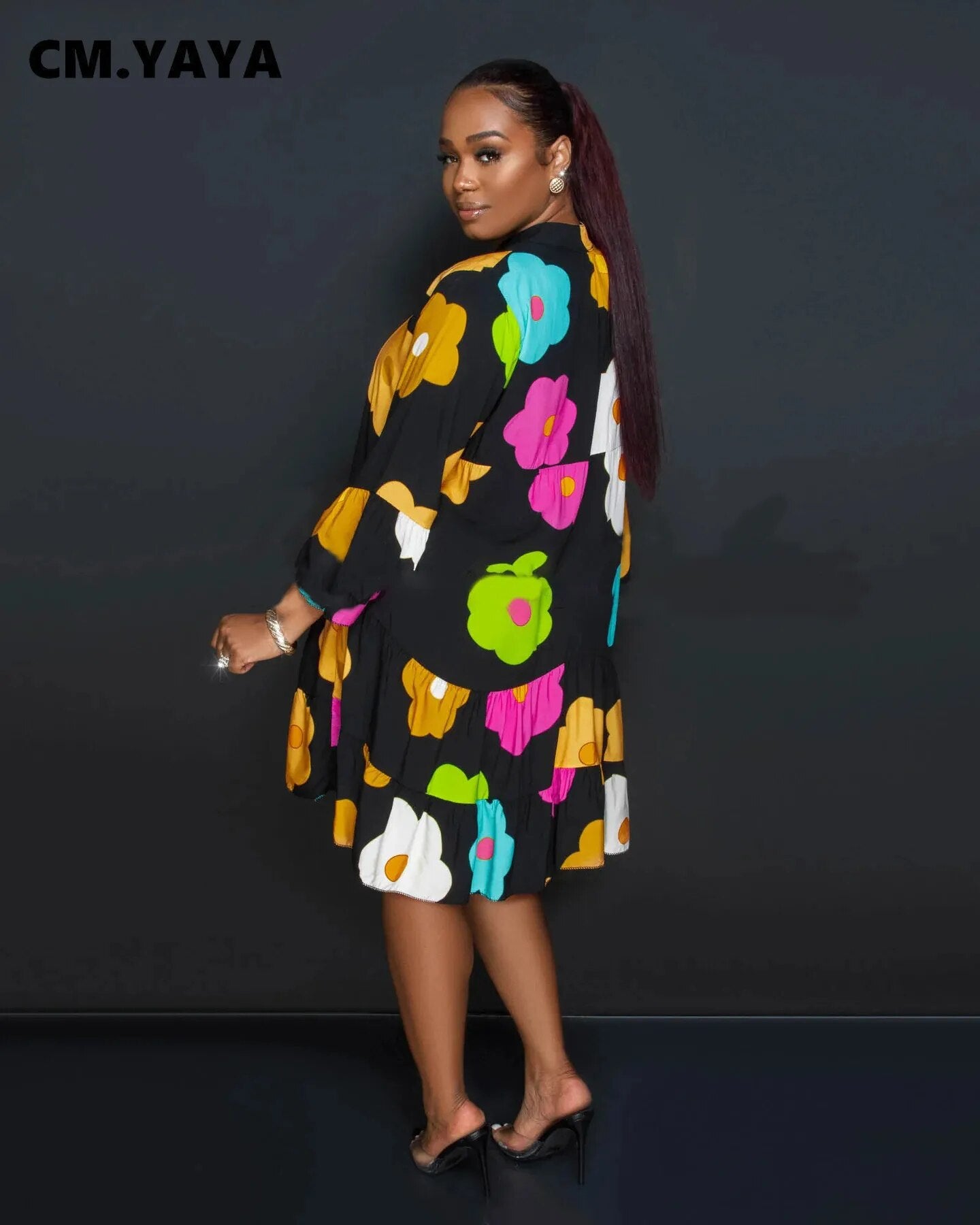 Women Floral Printed Lantern Long Sleeve Single Breasted Loose Shirt Style Babydoll Dress
