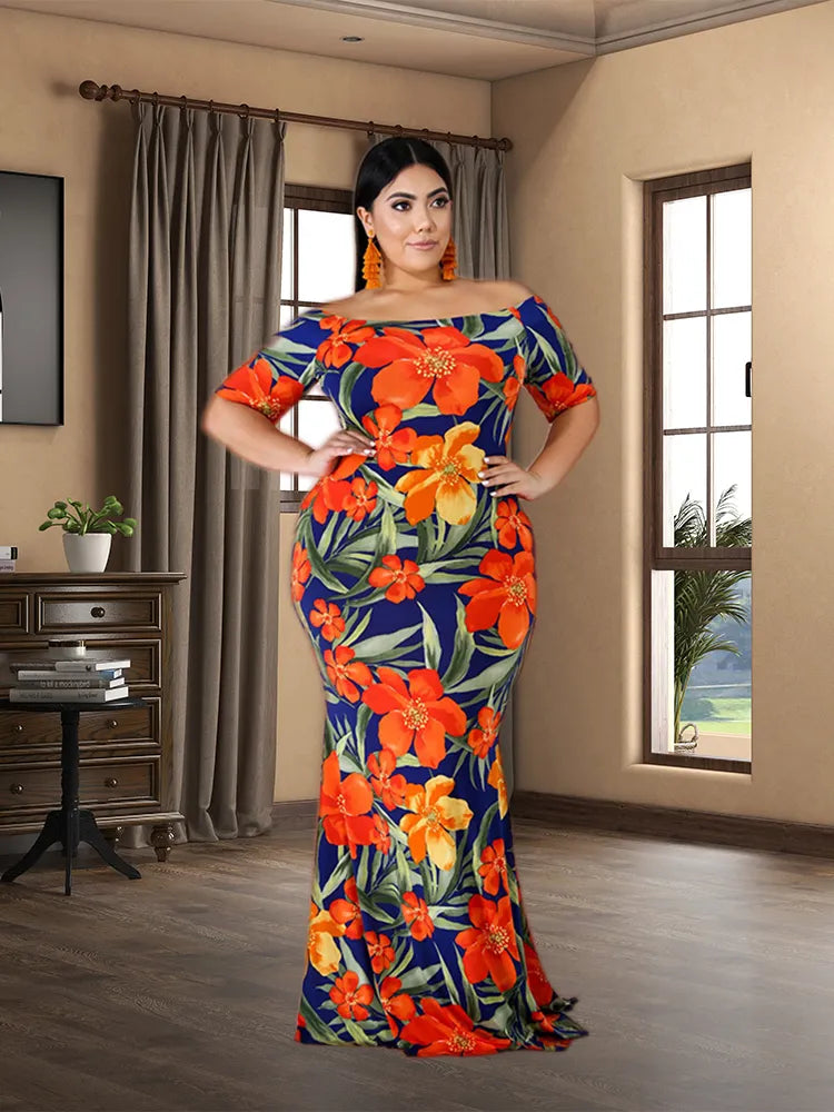 Plus Size Short Sleeved Floral Women Robe Soirée Femme