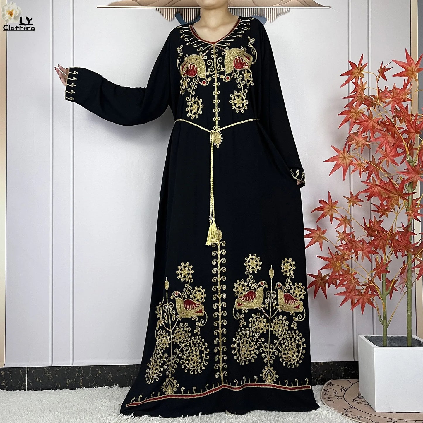 Women Abaya Clothing Floral Embroidery Cotton Long Sleeved Dresses Loose Robe With Headscarf