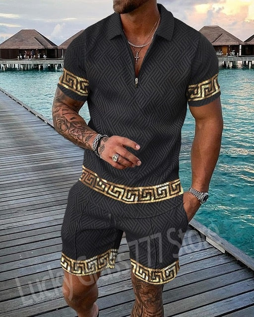 Summer Mens Polo Shirts with Short Sleeve 3D Trend Luxury Golf T Shirt Black Faashion Blouse Short Pants Tracksuit 2 Pieces Sets