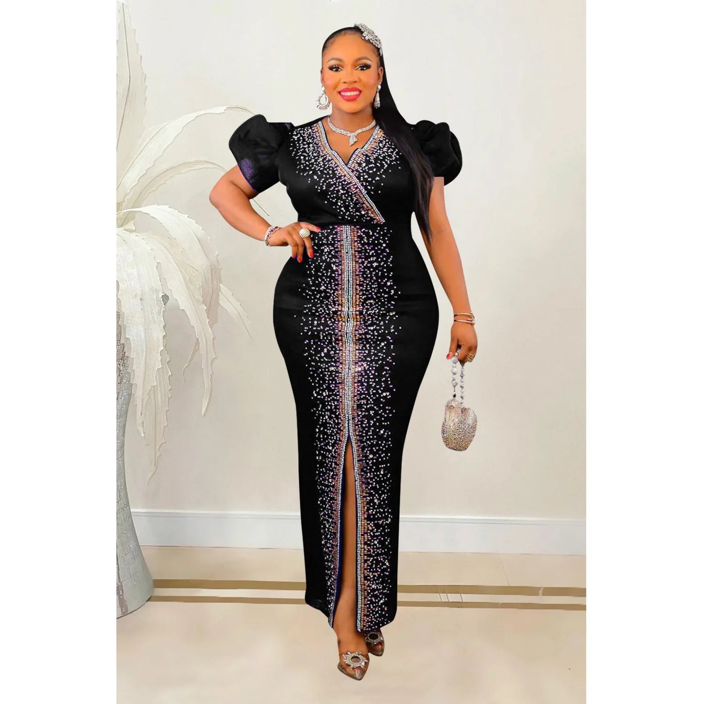 2023 Women Luxury Diamonds Hot Drill Wrap V-neck Puff Short Sleeve Bodycon Midi Maxi Dress Sexy Night Club Birthday Vestidos