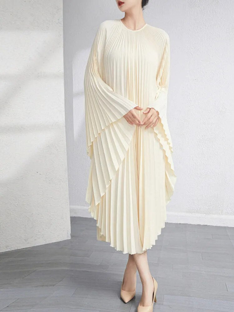 Solid Batwing Sleeve Pleated Dress Loose Irregular Clothing Spring Autumn