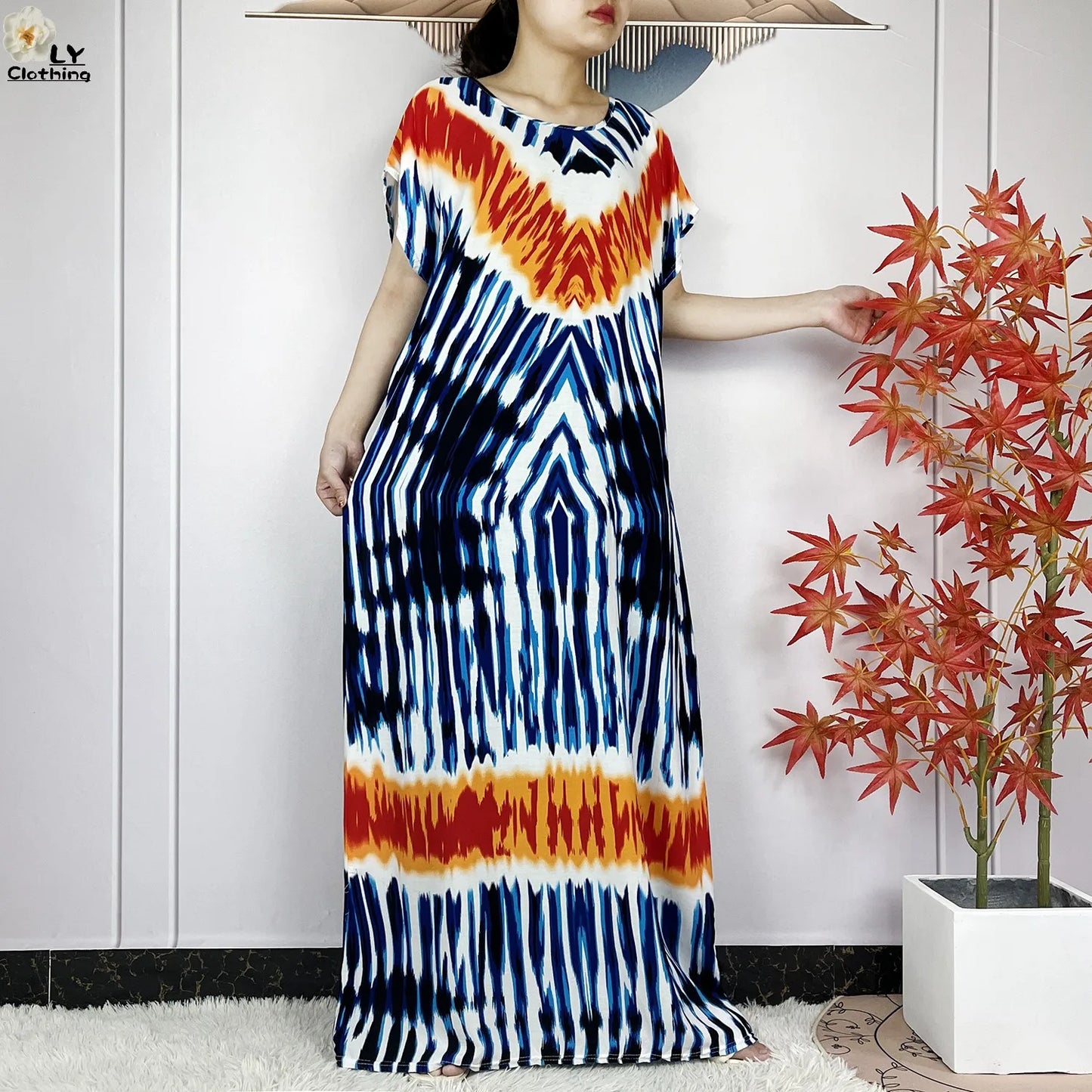 Short Sleeve African Dashiki Tie-dyed Cotton Abaya Caftan Casual Dresses With Big Scarf