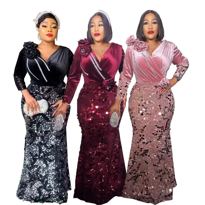 2023 Velvet African Dresses for Women Africa Women Long Sleeve V-neck Plus Size Flower Sequin Evening Party Long Dress