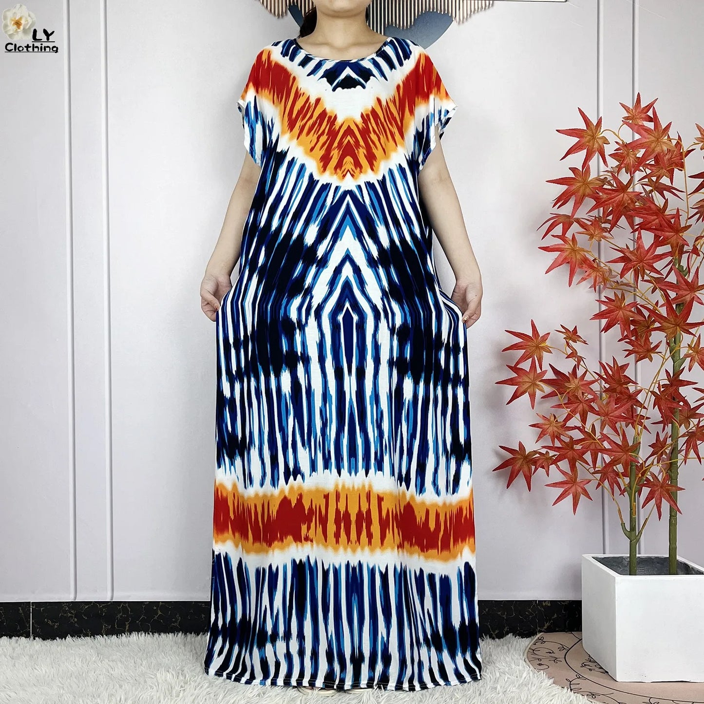 Short Sleeve African Dashiki Tie-dyed Cotton Abaya Caftan Casual Dresses With Big Scarf