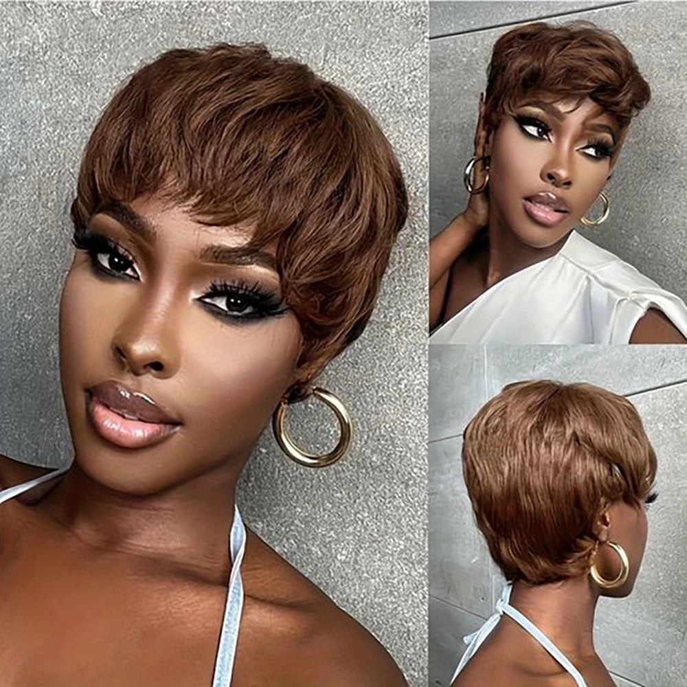 Chocolate Brown Short Pixie Cut Wig Human Hair For Black Women Machine Made Wigs With Bangs Brown Pixi Short Human Hair Wigs