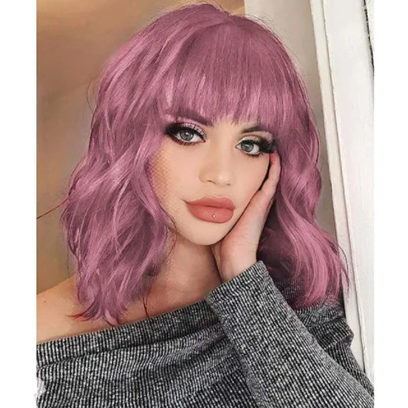 Women Wigs Curly Short Bob with Bangs Wine Red Heat Resistant