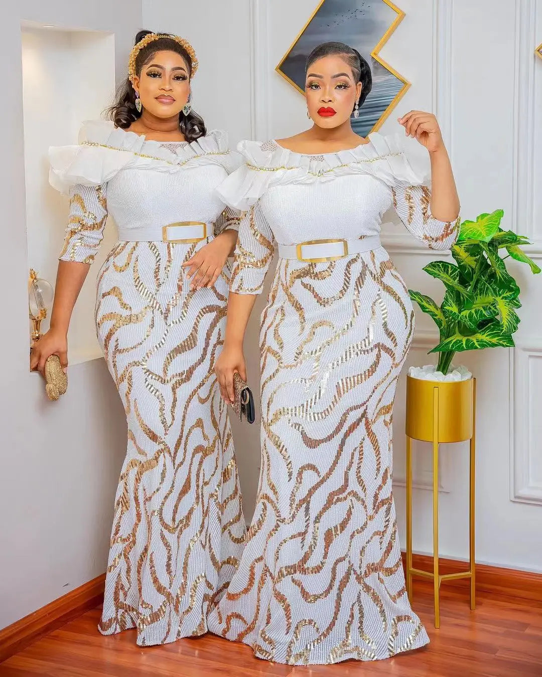 Women V-neck  Sequined Long Dress