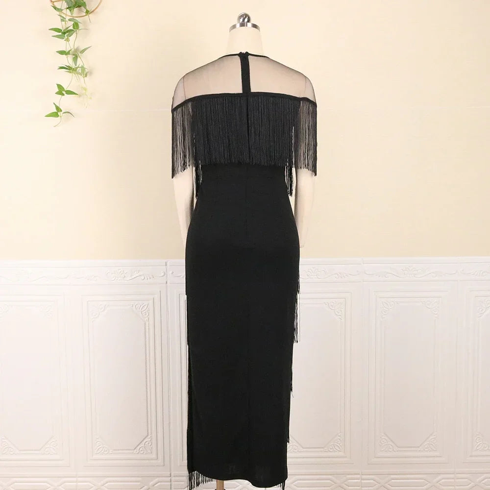 2024 Women Fringe Party Dresses Elegant Net Shoulder Sleeveless Large Size Long  Dress for Birthday Dinner Event Wedding Guest