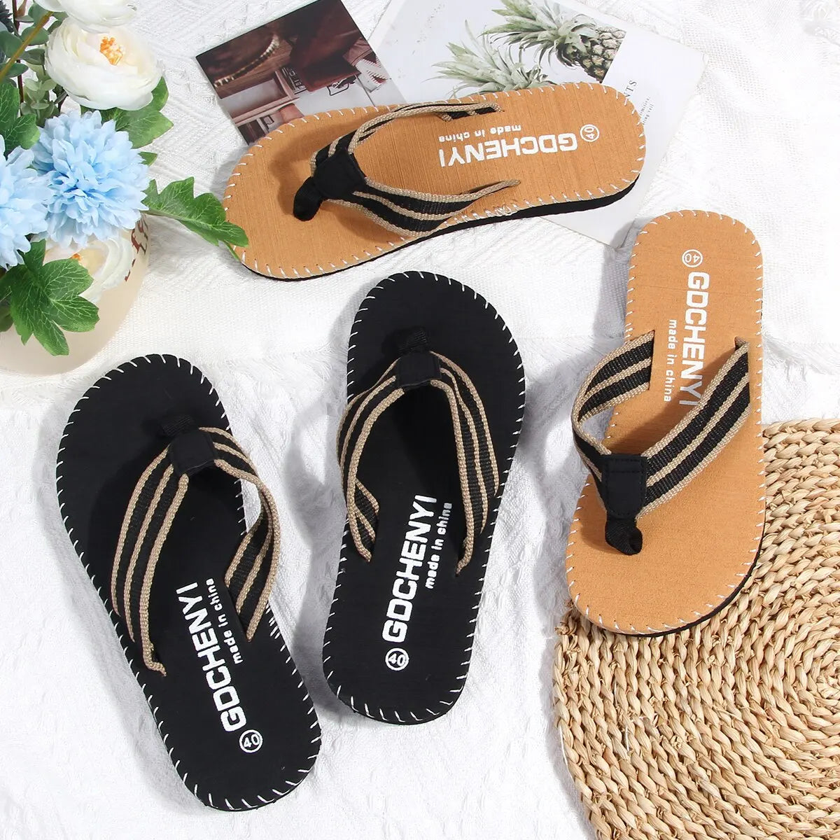 Men Slippers Outside Beach Flat Flip-flop Summer Casual Footwear Male Anti-slip Shoes Thong Sandals Black