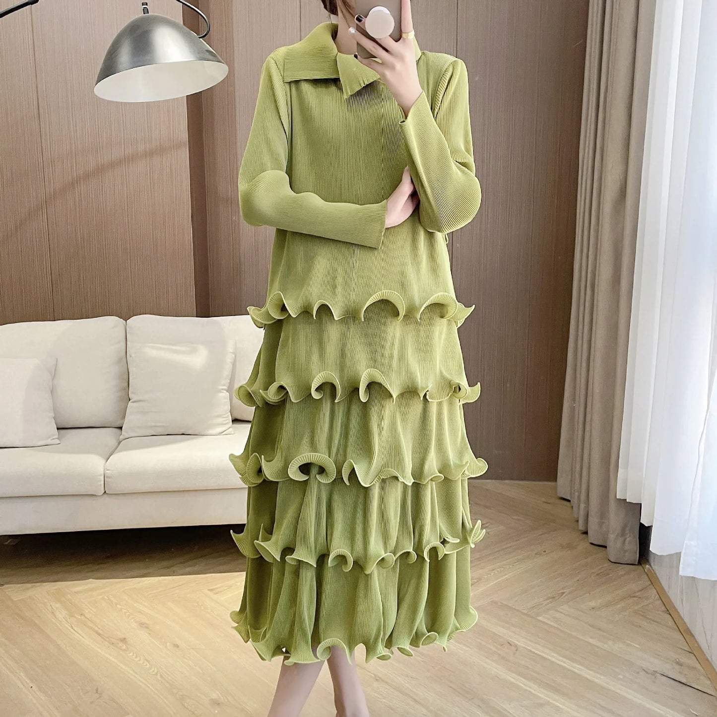 French Long Sleeve Lapel Ruffle Dress Belt Pleated Fashion Loose Clothing