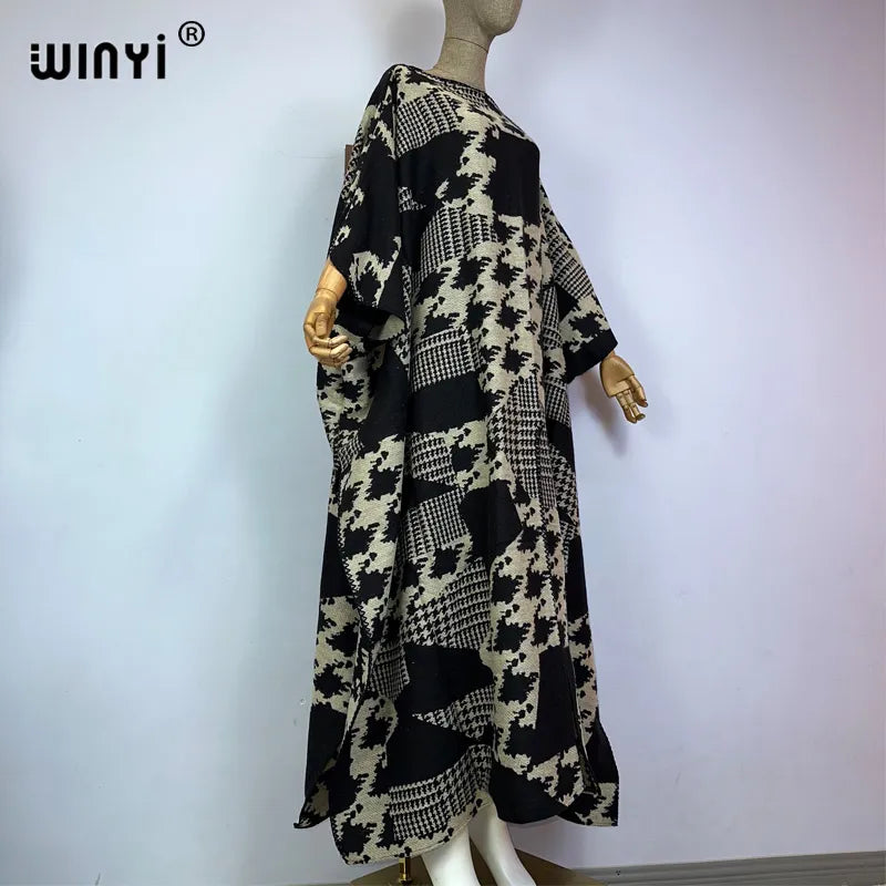 WINYI Retro print Comfort Warm fashion kaftan Holiday dress Elegant Africa Women Boho party winter clothes for women long dress