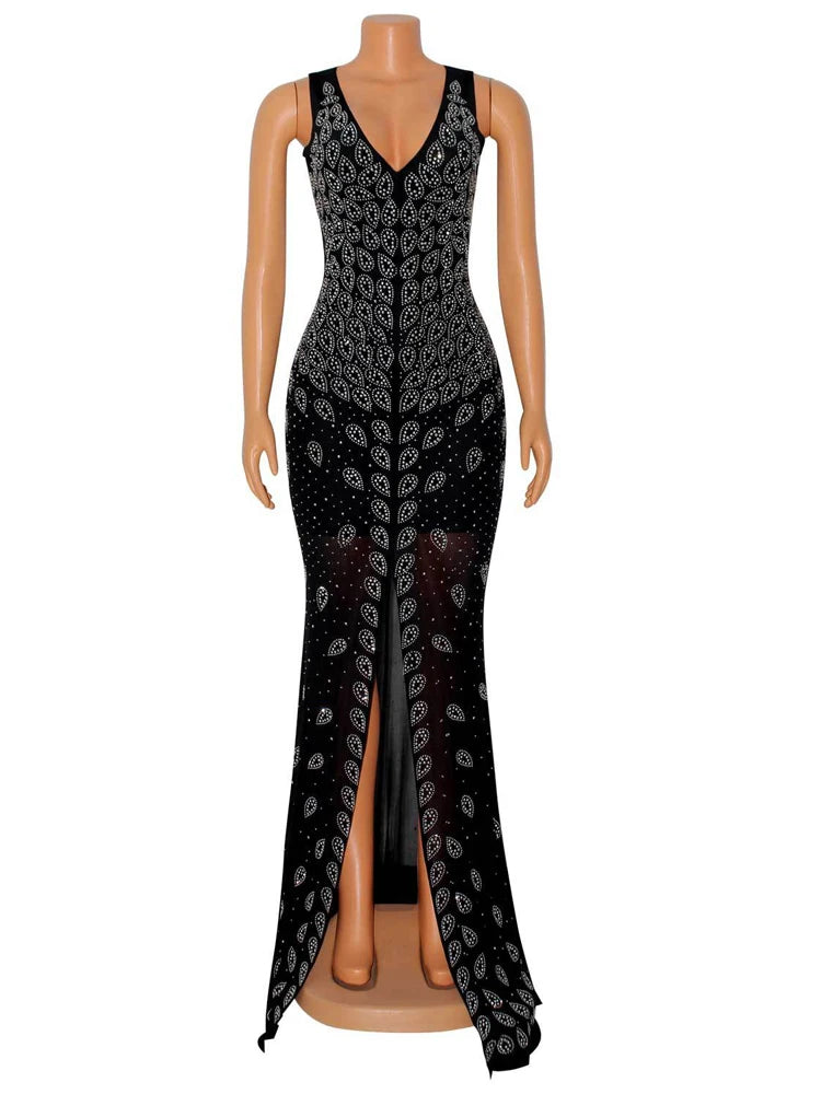 Women Sexy V-Neck Sheer Mesh Rhinestone Decor Tight Mermaid Dress