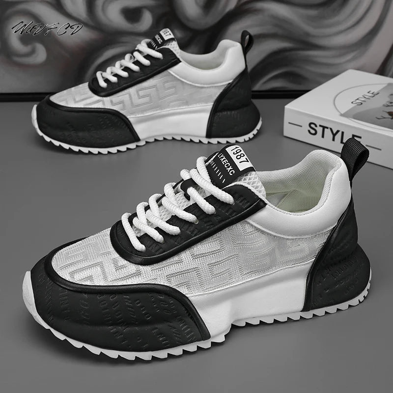 Chunky Sneakers Mens Leather Fabric Breathable Platform Shoes