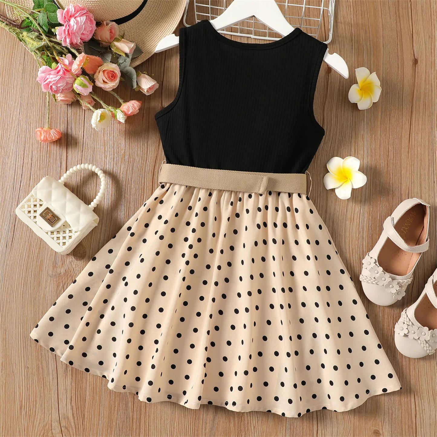 Girl Dresses Kids Clothes Girl Polka Dots Ribbed Girls Splice Sleeveless Dress & Belt