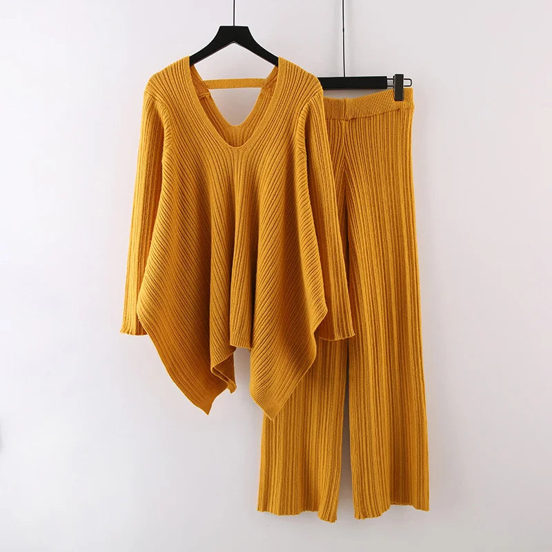 Irregular Knitted 2 Piece Set Women's V-neck Backless Long Sleeves Solid Sweater High Waist Wide Leg Trousers-church dresses-Top Super Deals-Yellow-One Size-Free Item Online