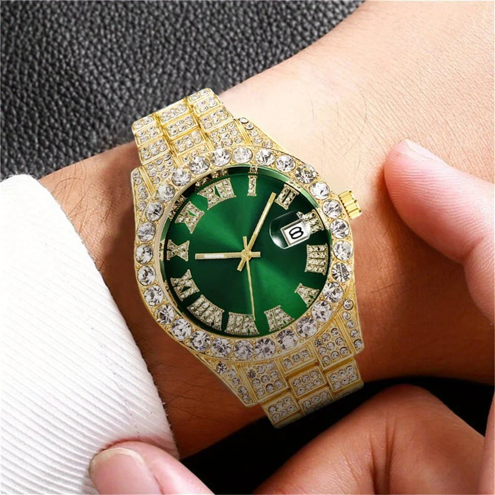 Mens Hip Hop Watch Quartz Timepiece with Oversized Rhinestone Dial and Durable Stainless Steel Band for Men