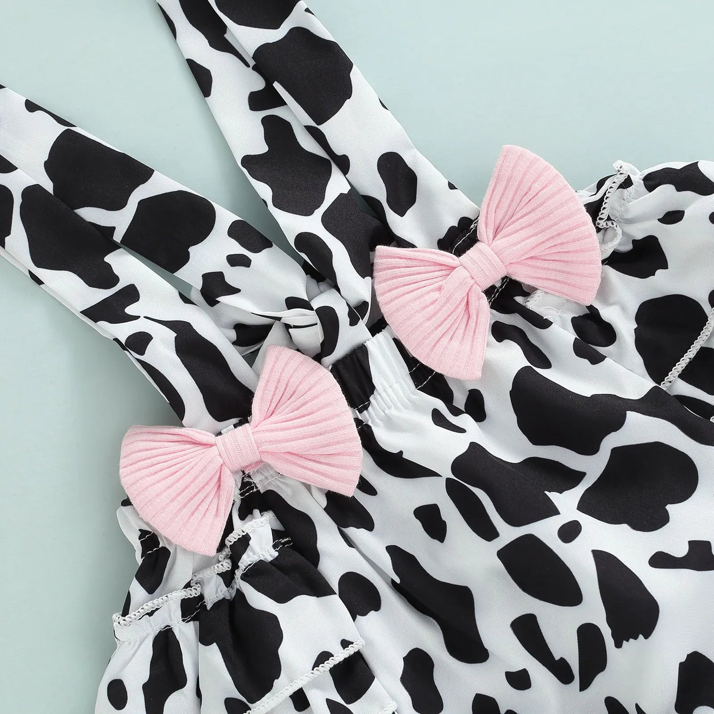 Infant Baby Girls Three Pieces Clothes Outfit, Round Neck Fly Sleeve Tops + Milk Cow Printed Suspender Shorts + Headband