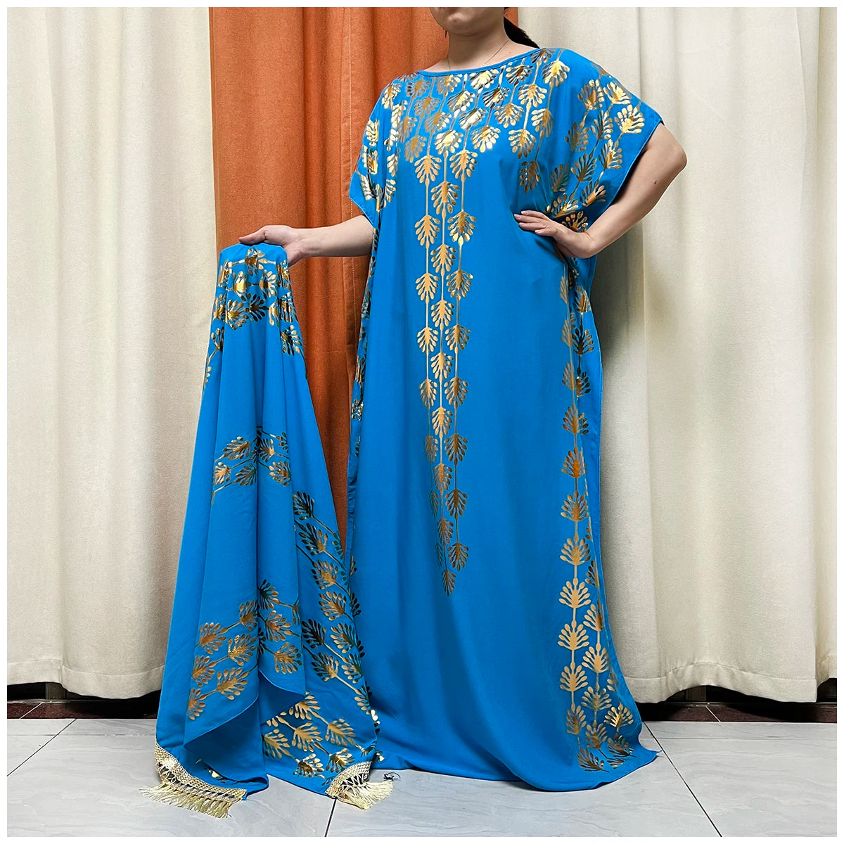 Women Dubai Stretch Print Loose Fit  Elegant Dresses Caftan Moroccan Robe With Headscarf