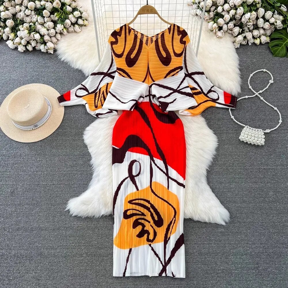 Pleated Spring Summer Women V Neck Batwing Sleeve Printed High Elastic Casual Loose Holiday Dresses