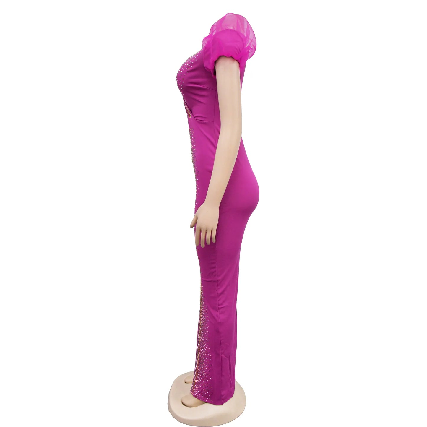 2023 Women Luxury Diamonds Hot Drill Wrap V-neck Puff Short Sleeve Bodycon Midi Maxi Dress Sexy Night Club Birthday Vestidos