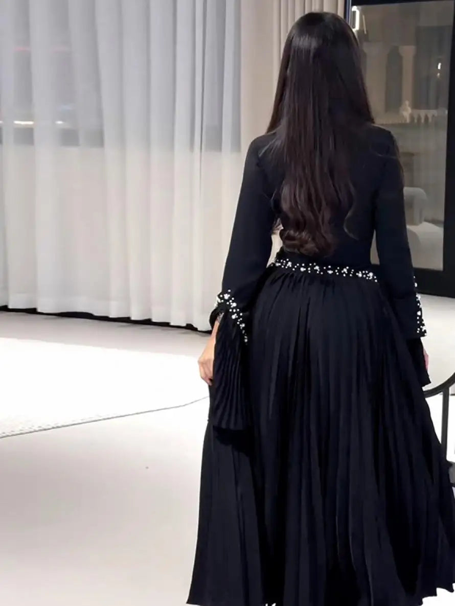 Pleated Black Dress Fashion Rhinestone Evening Banquet Long Dresses