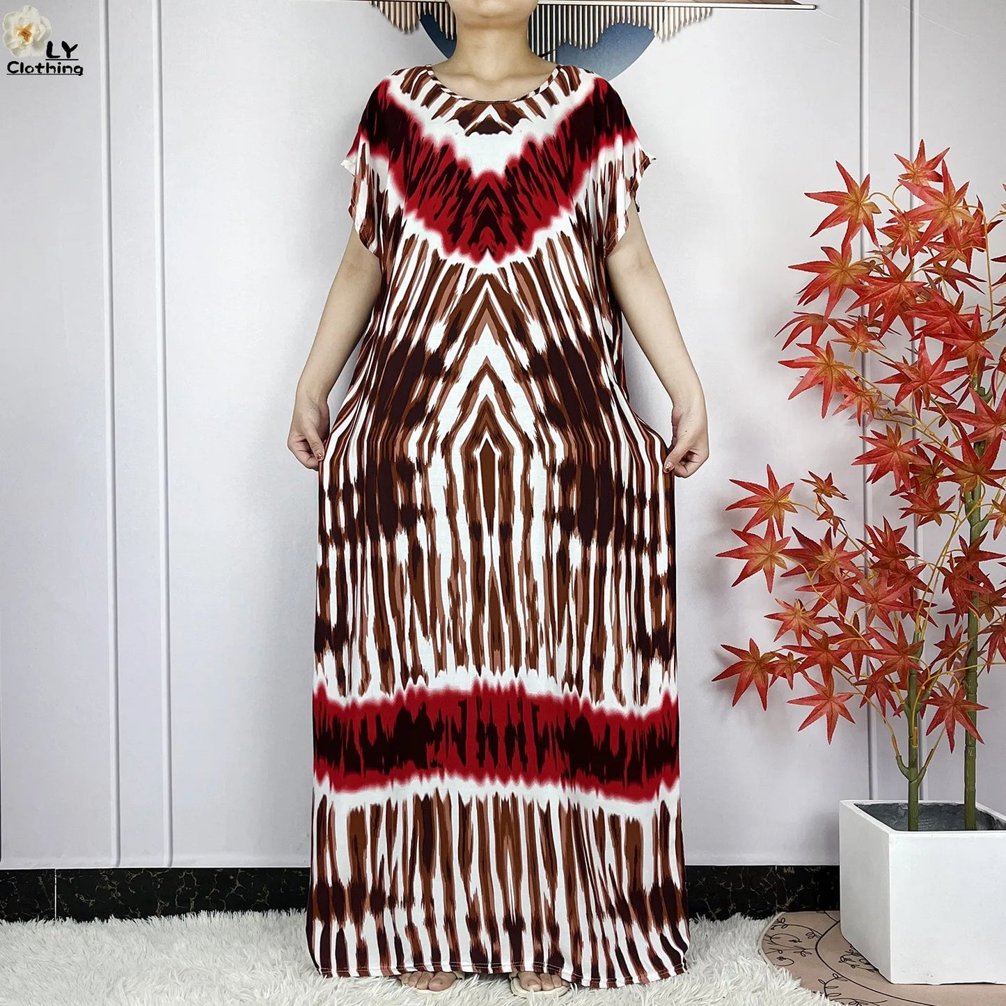 Short Sleeve African Dashiki Tie-dyed Cotton Abaya Caftan Casual Dresses With Big Scarf