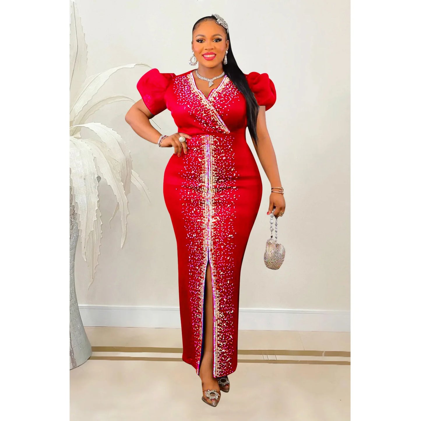 2023 Women Luxury Diamonds Hot Drill Wrap V-neck Puff Short Sleeve Bodycon Midi Maxi Dress Sexy Night Club Birthday Vestidos