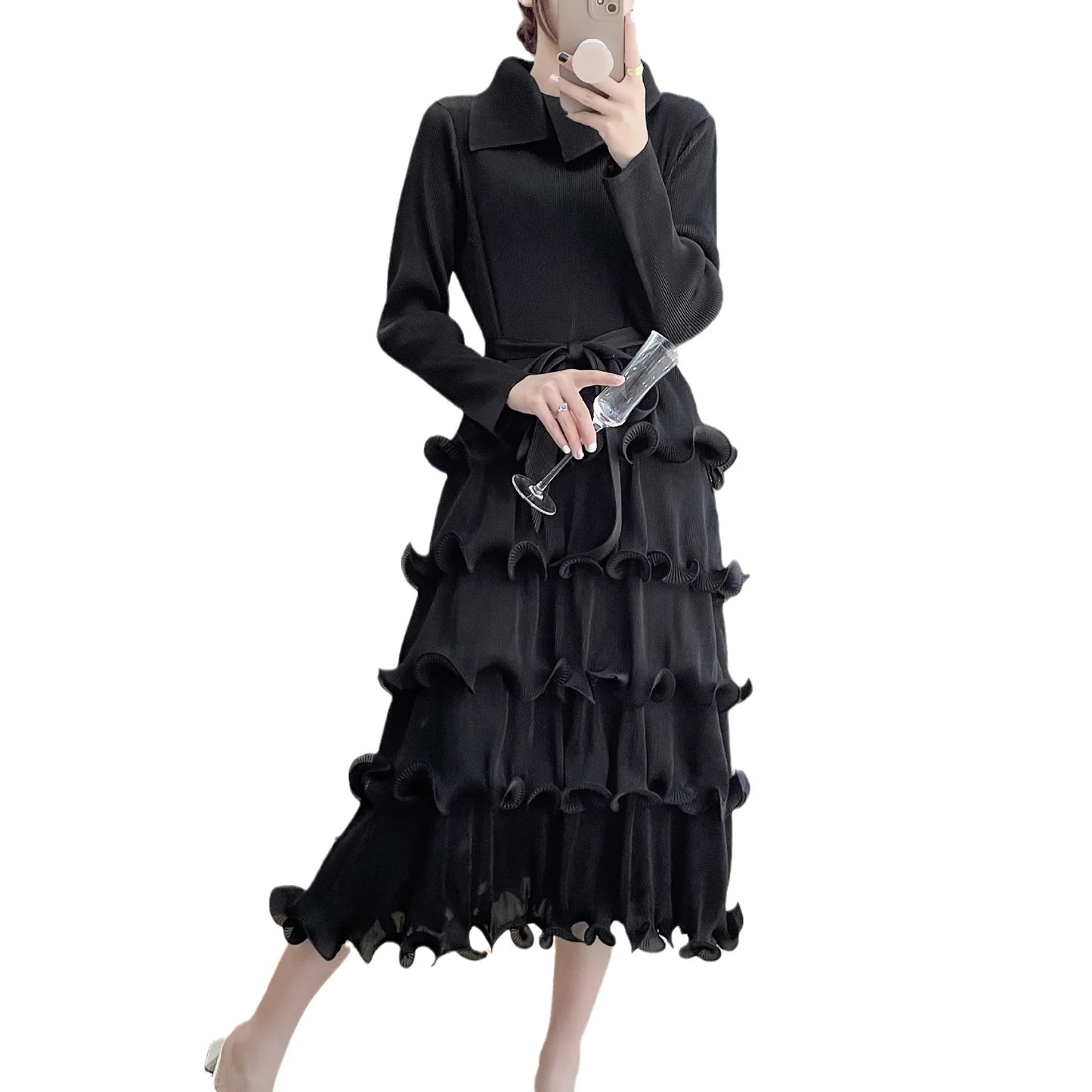 French Long Sleeve Lapel Ruffle Dress Belt Pleated Fashion Loose Clothing