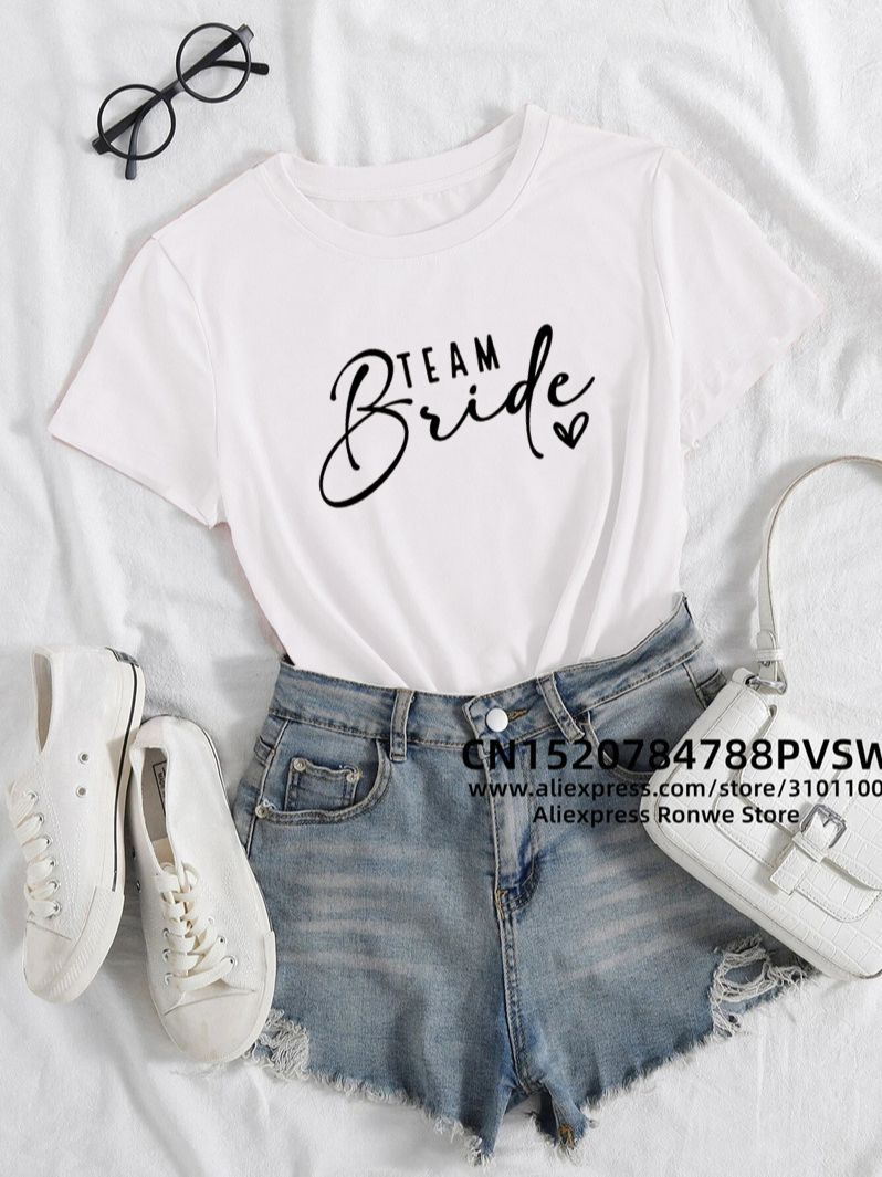 Team Bride Heart Evjf Hen Party Women Gropu T-shirt Girl Wedding Female Tops Tee Camisetas Mujer Female Black Pink White Clothes