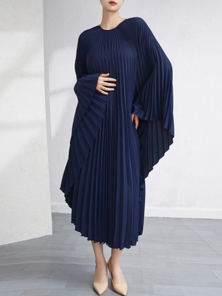 Solid Batwing Sleeve Pleated Dress Loose Irregular Clothing Spring Autumn