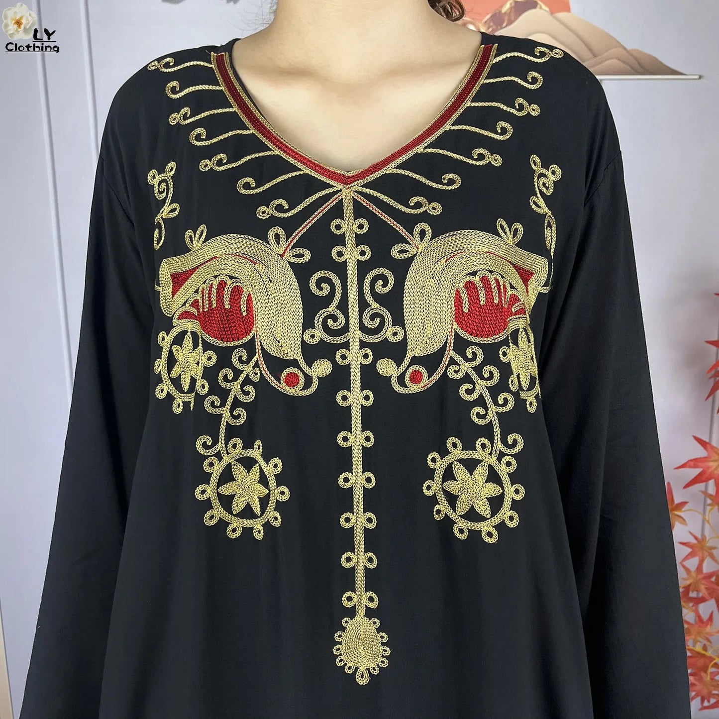 Women Abaya Clothing Floral Embroidery Cotton Long Sleeved Dresses Loose Robe With Headscarf