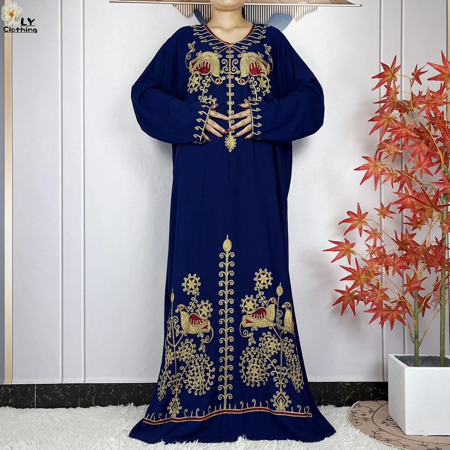 Women Abaya Clothing Floral Embroidery Cotton Long Sleeved Dresses Loose Robe With Headscarf