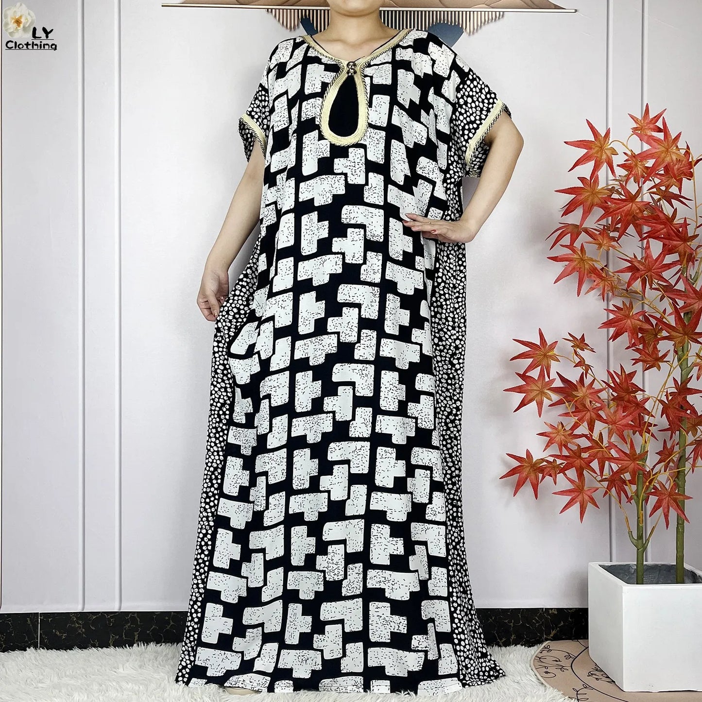 Women Short Sleeve Cotton Loose Dress Boubou Maxi Dresses With Scarf