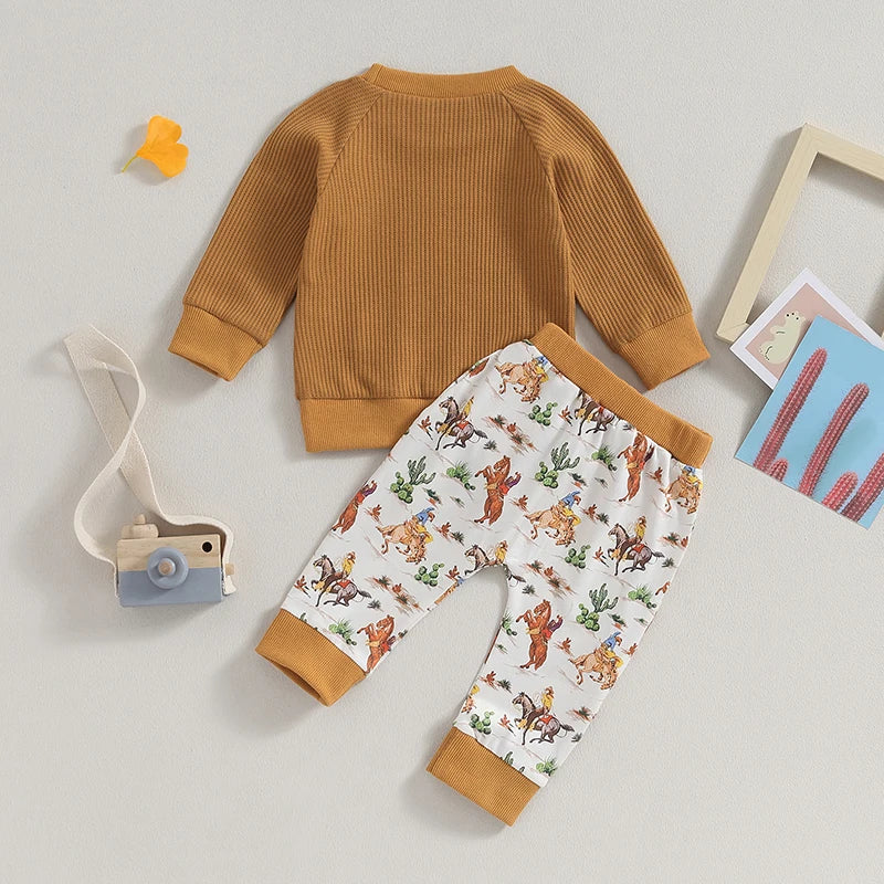 2Pcs Toddler Boy Clothes Autumn Western Clothes Long Sleeve Sweatshirt Cattle Pattern Pants Casual Outfit