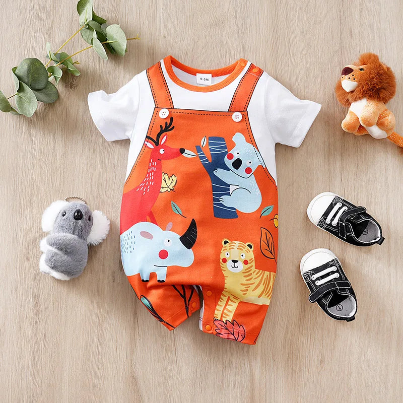 Baby Short Sleeved Jumpsuit Cartoon Cute Animal Costume Baby Round Neck Summer Crawling Costume Holiday Costume