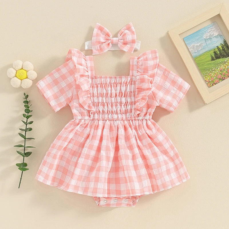 Pudcoco Baby Girls 2Pcs Set Square Neck Short Sleeve Frill Trim Plaid Romper Dress 3D Bow Headband Infant Toddler Summer Clothes