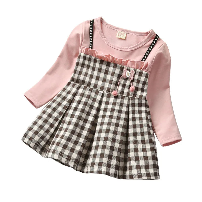 Autumn baby girls rivet plaid long-sleeved dresses Toddler