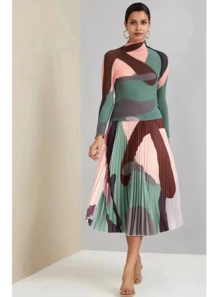 Two-Piece Set Pleated Long Sleeve Round Neck Long Sleeve T-shirt and High Waist Skirt Mid Length