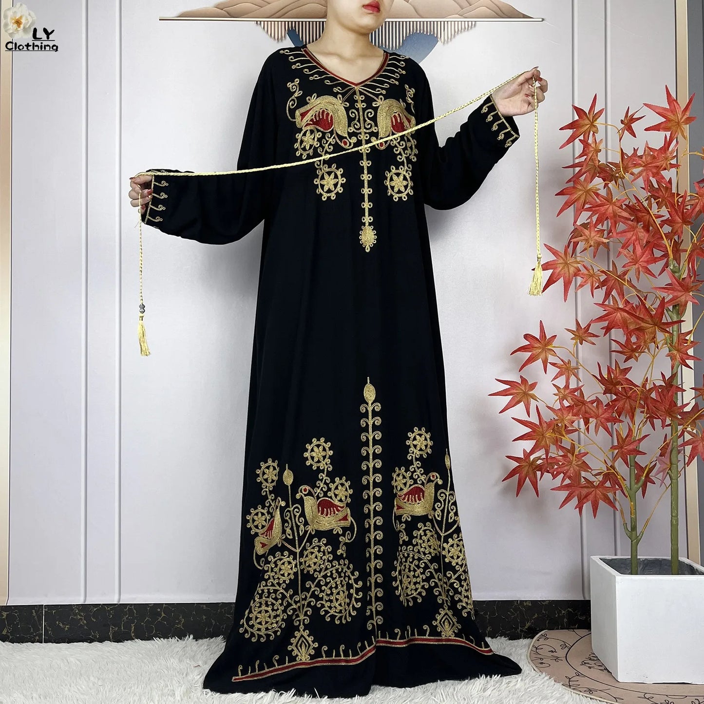 Women Abaya Clothing Floral Embroidery Cotton Long Sleeved Dresses Loose Robe With Headscarf