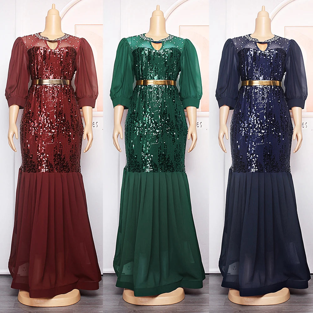 Luxury Sequin Bodycon Mermaid Maxi Robe Muslim Kaftan Abaya Dubai Evening Dress