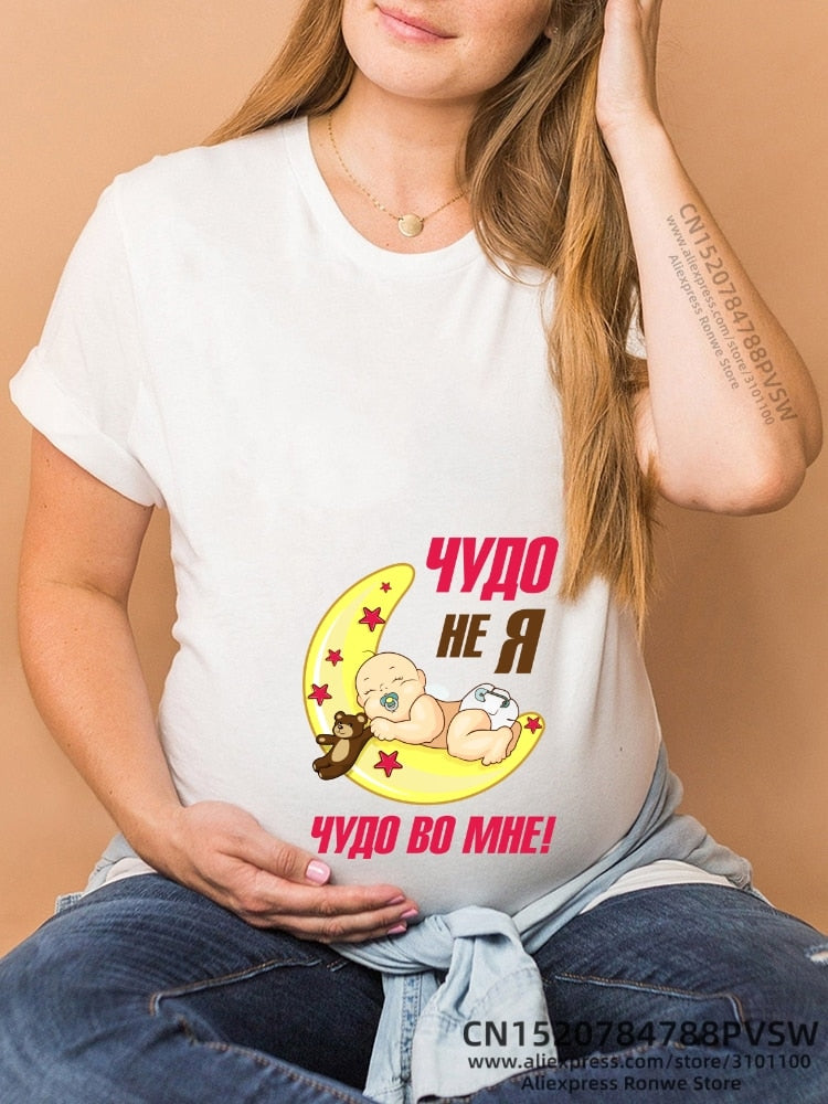 Maternity Clothes Casual Pregnancy T Shirts Baby Print Funny Women Summer Tees Tops White